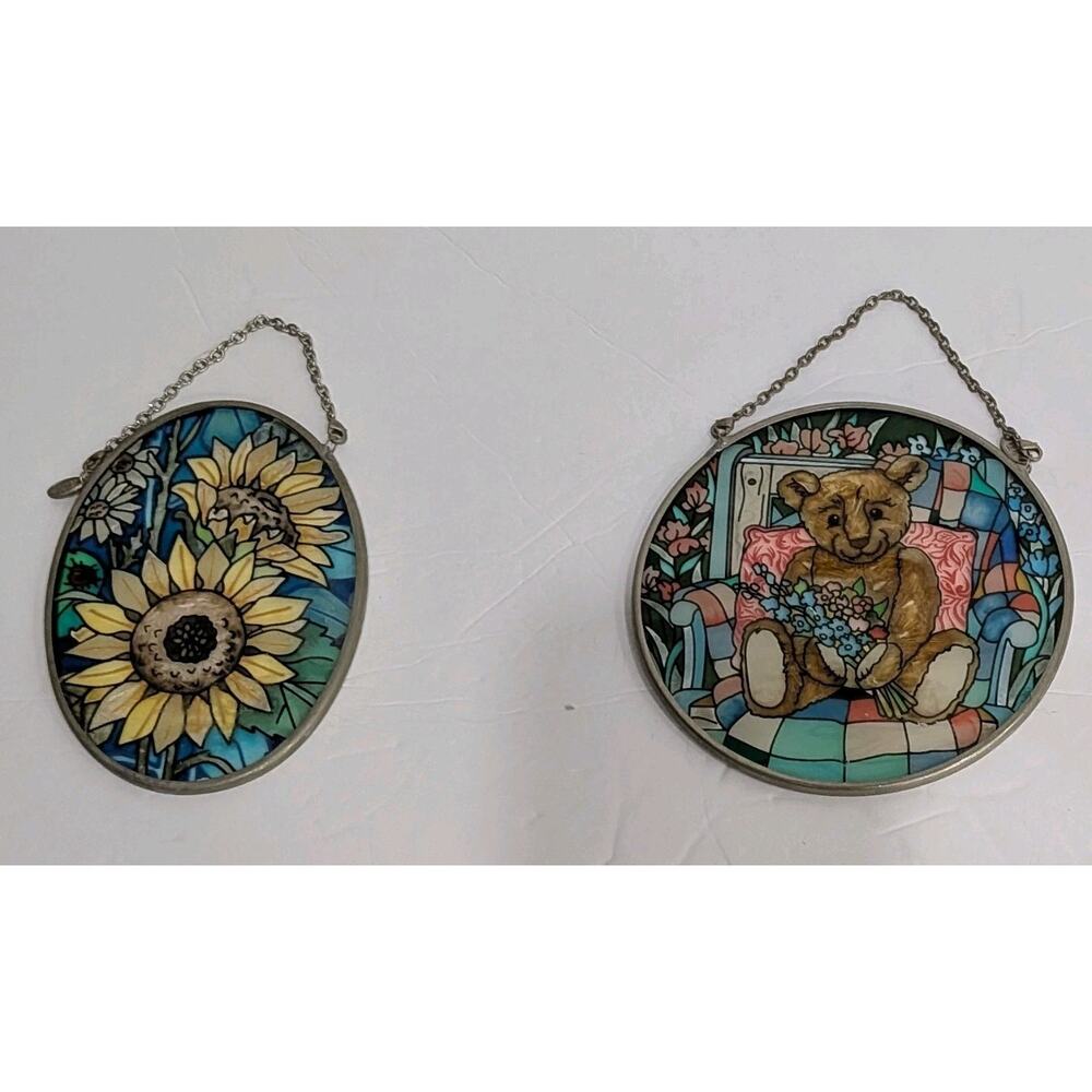 Lot of 2 Vintage AMIA Studios Glass Suncatchers Sunflower and Teddy Bear Hanging